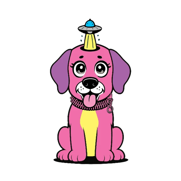 Pink and purple dog with a flying saucer horn