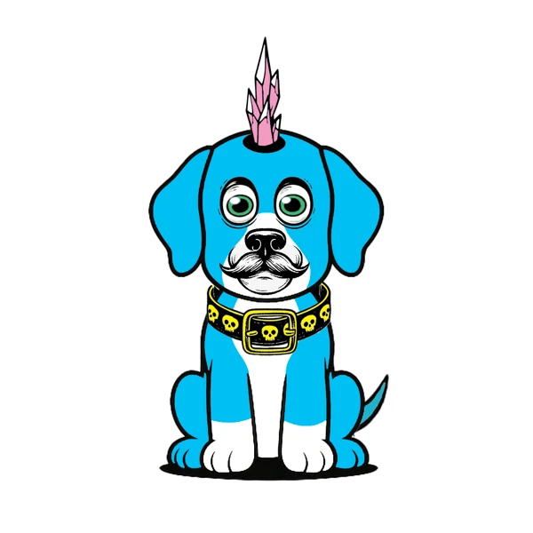 Blue dog with a pink crystal horn and gold collar
