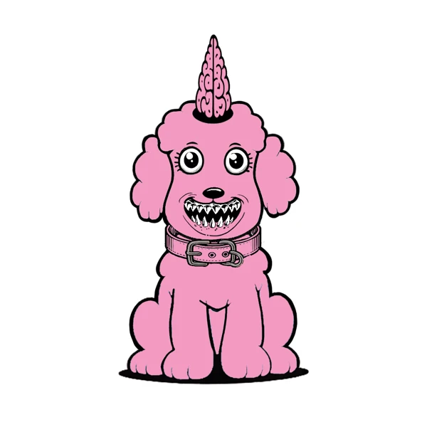 Pink poodle with a pink horn and toothy grin
