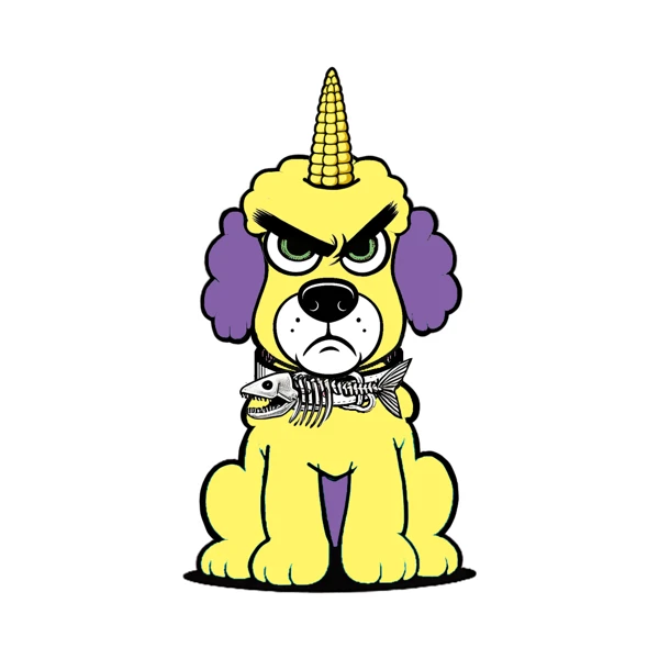 Yellow and purple poodle with yellow horn and ruff