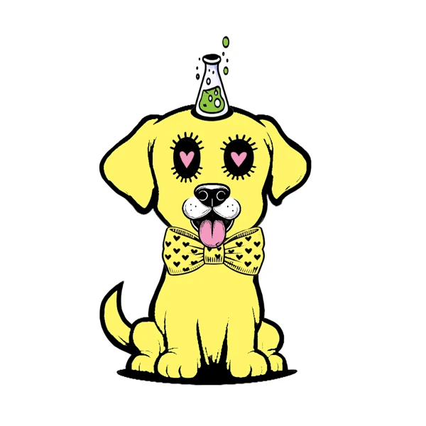 Yellow dog with heart eyes, a bubbling flask horn, and heart-patterned bow tie