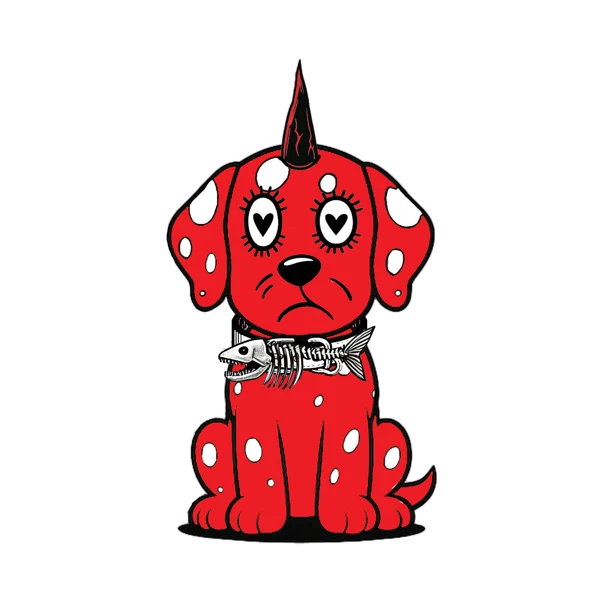 Red spotted dog with heart eyes, a dark horn, and fish skeleton collar