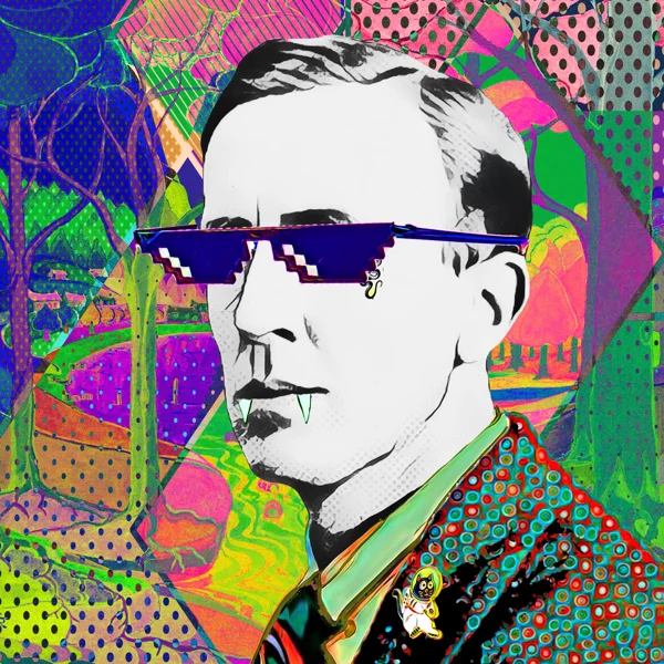 Tolkien 9: Pixelated black sunglasses against a vivid collage