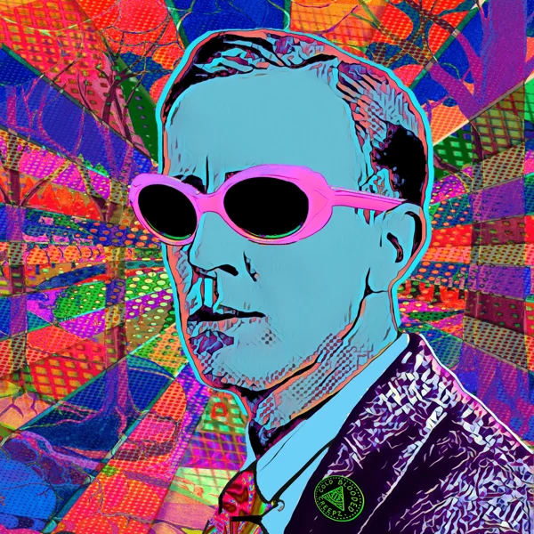 Tolkien 13: Pink sunglasses with a blue face and dark jacket
