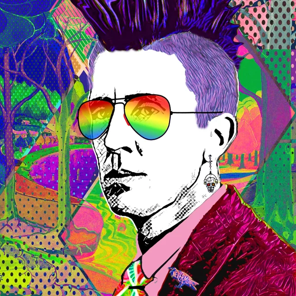 Tolkien 28: Rainbow aviator sunglasses, tall purple hair, and a small goatee
