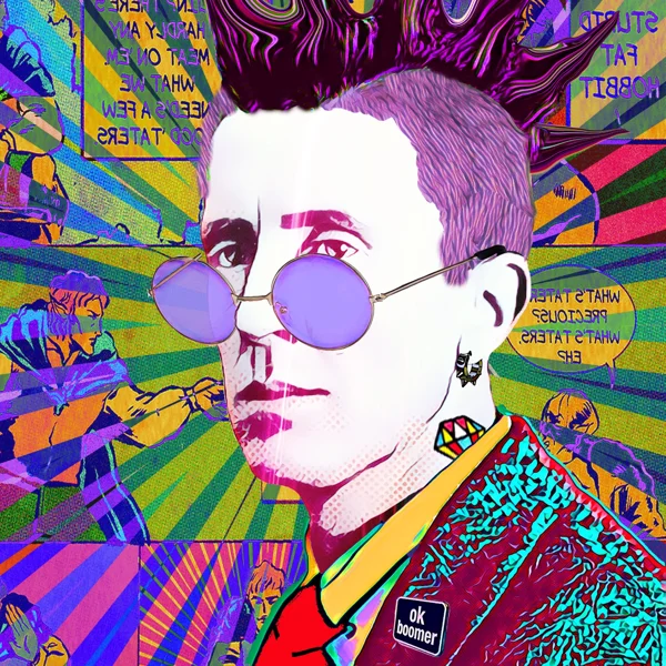 Tolkien 31: Purple round glasses and tall purple spiked hair