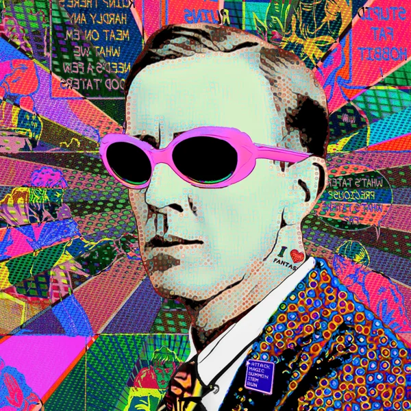 Tolkien 81: Pink sunglasses with a pale green face and patterned jacket