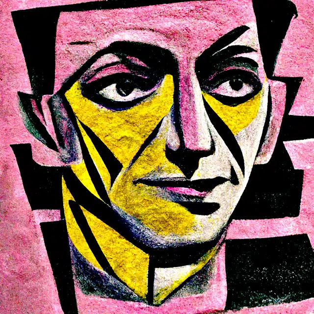Geometric face divided into pink, yellow, white, and black
